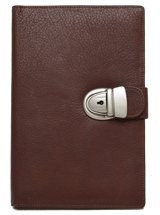 tan leather journal with tab closure and lock