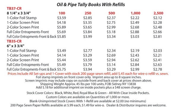 Oil & Pipe Tally Books with Refills Pricing